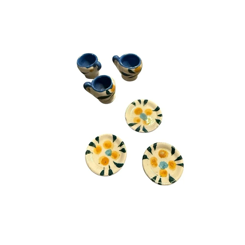 Handmade Ceramic Miniature Tea Set - Signed By Artist - Blue And Yellow - 10‎ Pc